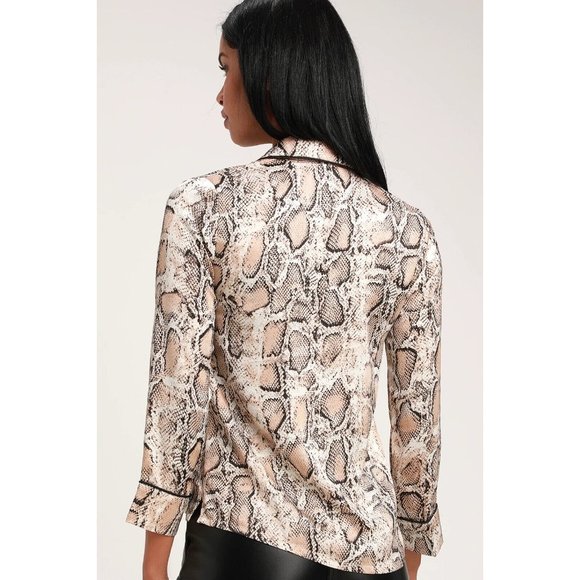 Lulus Top Snake Print Satin Rhea Button Down Long Sleeve - Picture 2 of 13